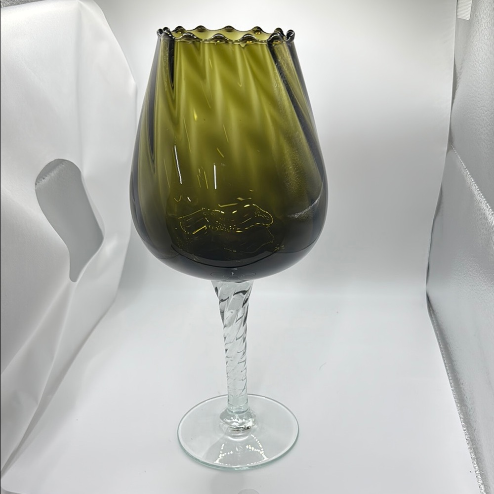 Empoli Italy Art Glass Olive Green Optic Snifter Vase Twist Clear Stem 10” tall